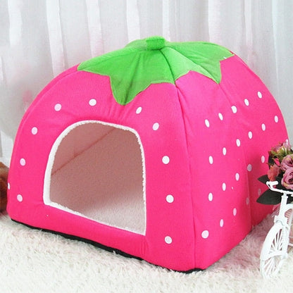 Pink strawberry-pattern pet tent with green leaf top and white polka-dot dots, front opening