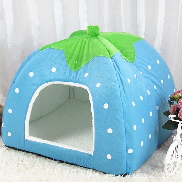 Blue strawberry-pattern pet tent with green leaf top and white polka dots, front opening