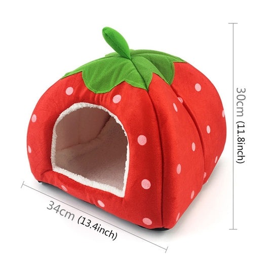 Red strawberry plush pet house nest with green leaf top and front opening