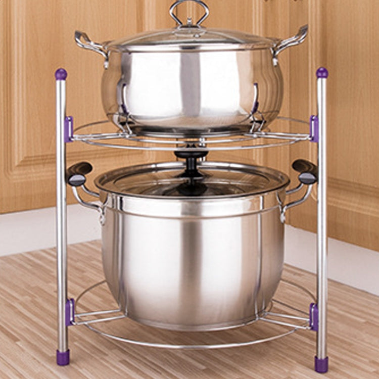 Double-layer stainless pot rack with two tier circular wire shelves and purple corner feet