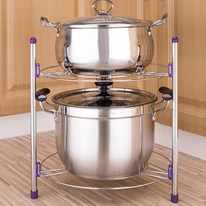 Double-layer stainless pot rack with two tier circular wire shelves and purple corner feet