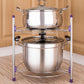 Stainless pot rack with top and bottom circular shelves, support rods, and purple end caps