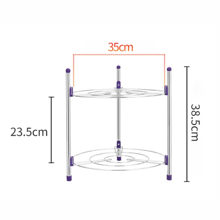 Double-layer pot rack frame with two circular shelves, marked height 38.5 cm and width 35 cm