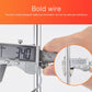 Stainless pot rack post thickness measured with calipers, reinforced metal frame detail