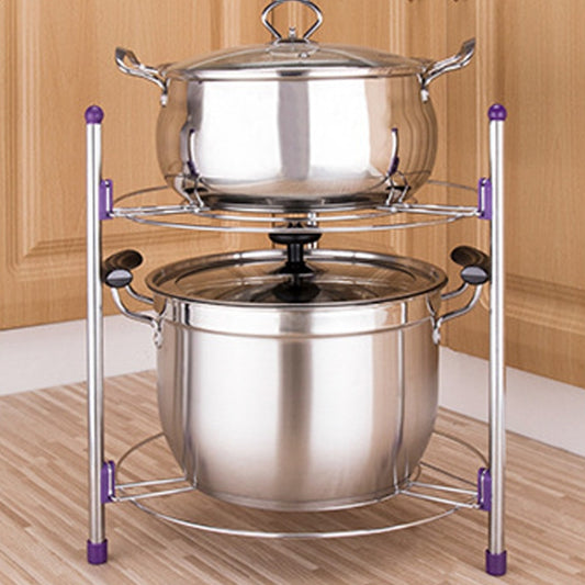 Double-layer stainless pot rack with two tier circular wire shelves and purple corner feet