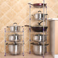 Double-layer stainless pot rack holding multiple stainless pots and lids with curved handles
