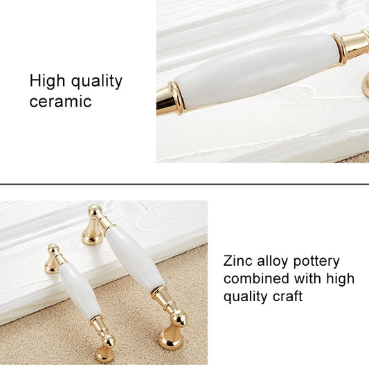 Gold cabinet handle end caps with white ceramic grip and floral center