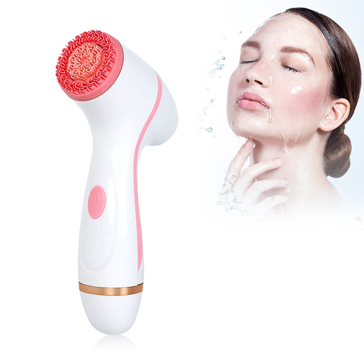 Pink battery-powered ultrasonic facial cleanser with red silicone brush head