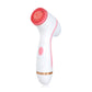Pink handheld facial cleansing device with textured red silicone brush head