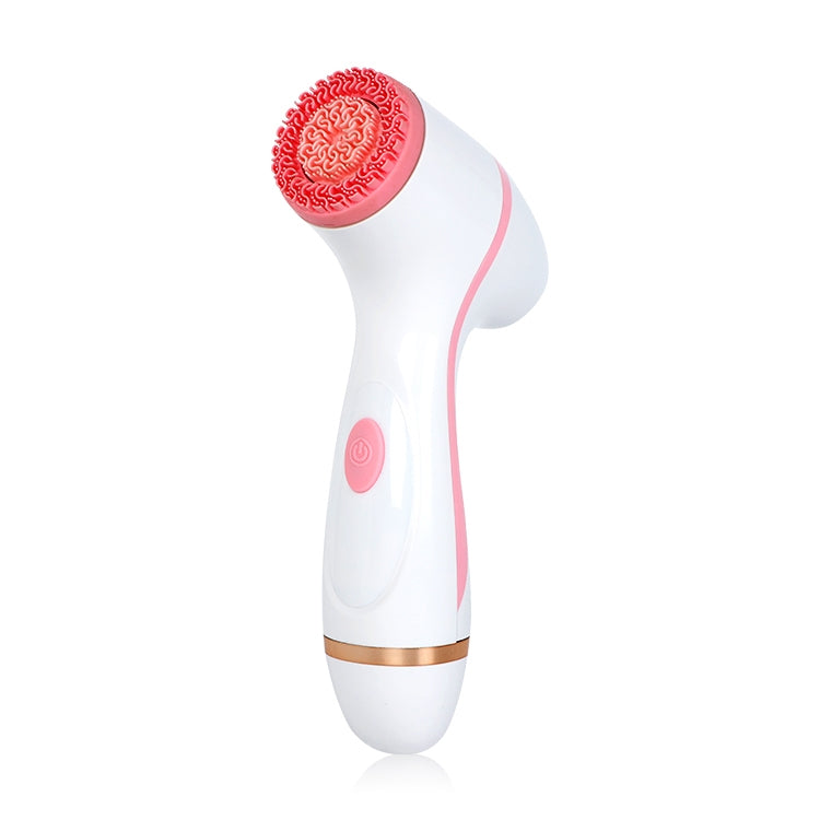 Pink handheld facial cleansing device with textured red silicone brush head