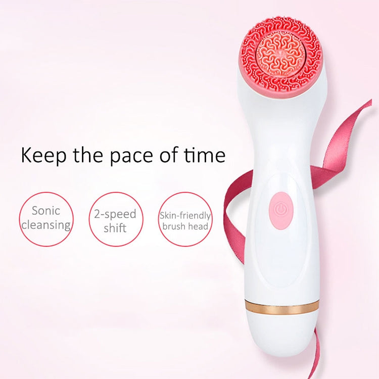 Pink battery-powered silicone ultrasonic facial cleansing brush with round vibration head