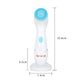 Blue silicone facial cleanser brush with size markings, standing base