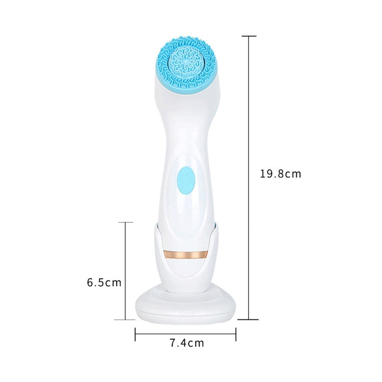 Blue silicone facial cleanser brush with size markings, standing base