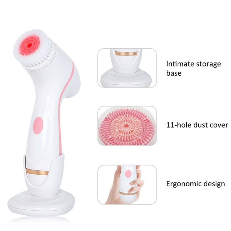 Pink facial cleanser with standing base, dust cover, and ergonomic handle design