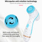Blue handheld facial cleanser with water droplets and textured silicone brush head