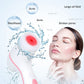 Pink facial cleansing device with red silicone brush head beside skincare foam