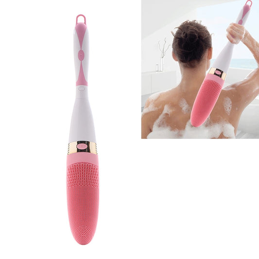 Pink waterproof silicone vibration bath body massage brush with textured head and handle loop