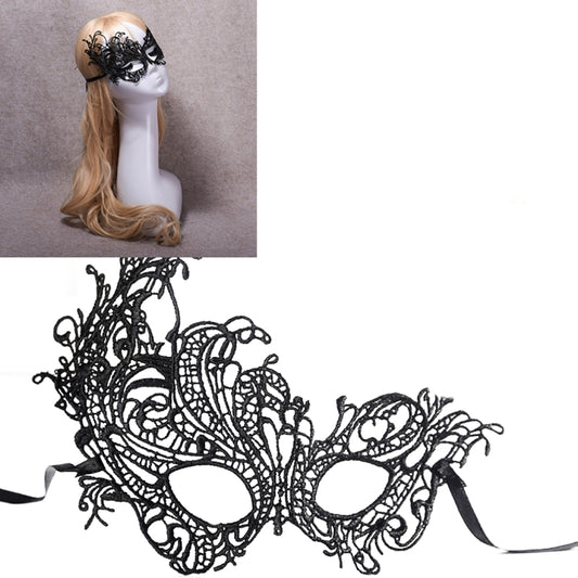 Black lace phoenix masquerade mask with eye cutouts, side view on mannequin