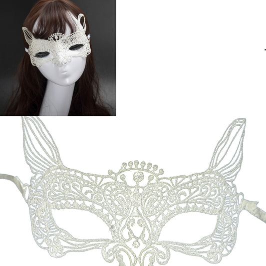 White lace cat king masquerade mask, crown filigree and eye cutouts