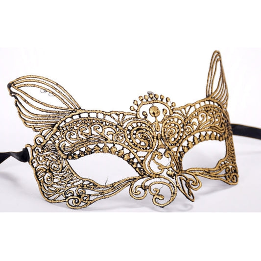 Gold lace-style cat king masquerade mask with pointed ears and swirling center design