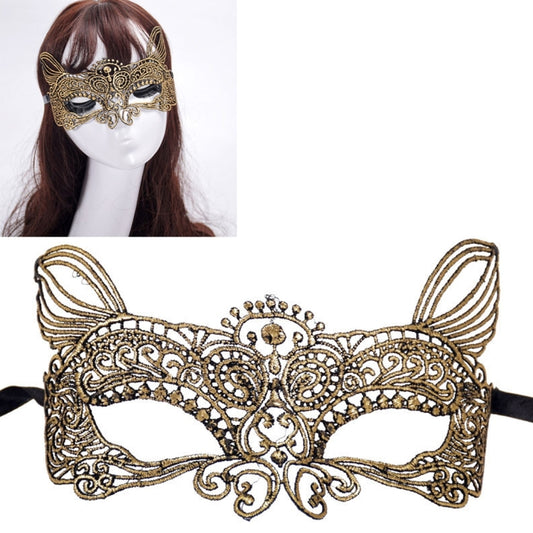 Gold cat king masquerade mask with ornate filigree and black eye cutout panels