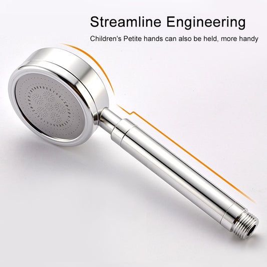 Silver handheld shower head with angled round spray face and ribbed grip handle