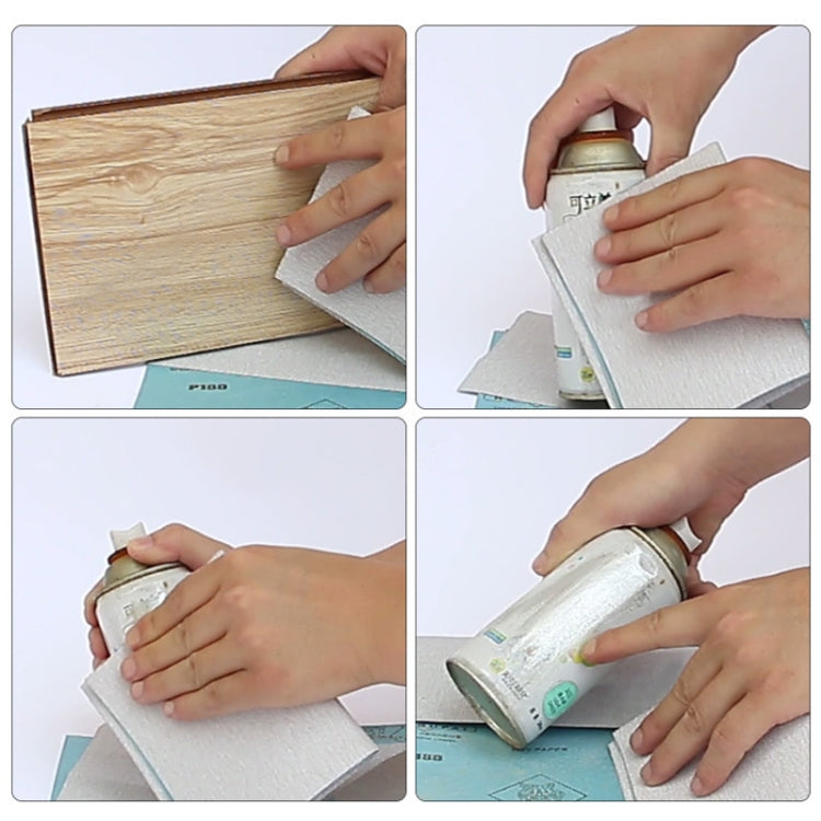 Hands using 240-grit wet and dry sanding sheets on wood surface