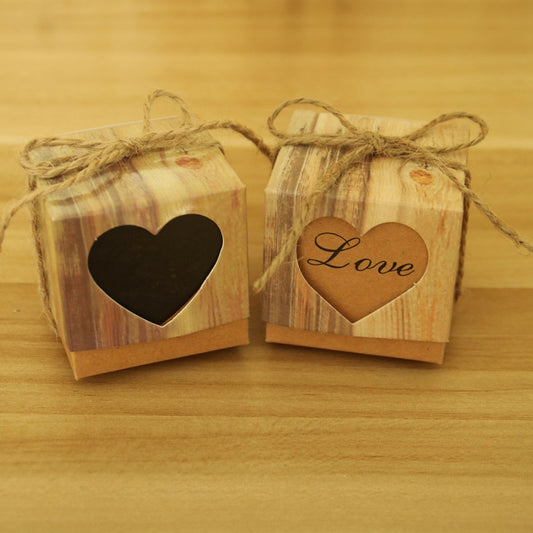 Set of wood grain heart sugar boxes: black heart and kraft heart saying Love