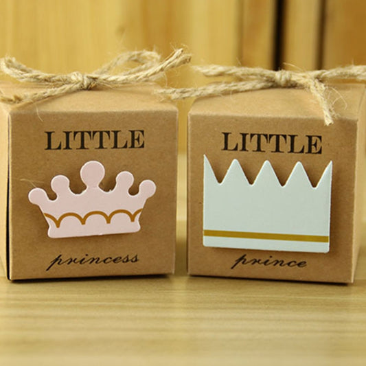 Set of two kraft wedding boxes with rope: princess crown and prince crown designs.