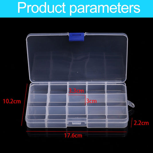 Clear plastic grid organizer box with blue latch, 15 compartments, open lid