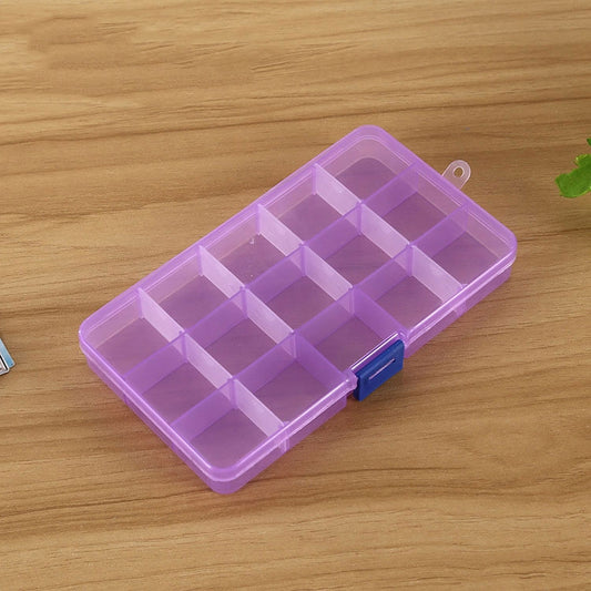 Purple plastic grid organizer box with 15 compartments and blue snap latch