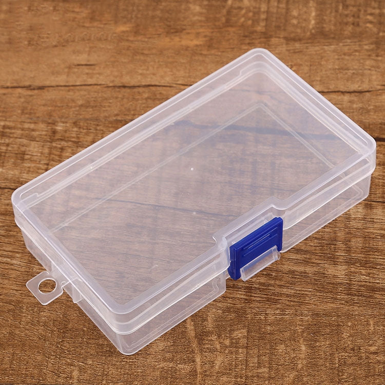 Clear plastic storage box with blue snap latch, rectangular with carry tab
