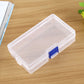 Clear plastic storage box with blue snap latch, open-top design