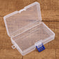 Clear plastic storage box with hinged lid and blue snap latch