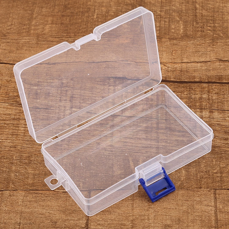 Clear plastic storage box with hinged lid and blue snap latch