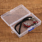 Clear plastic storage box with blue latch, holding beaded jewelry and bracelet