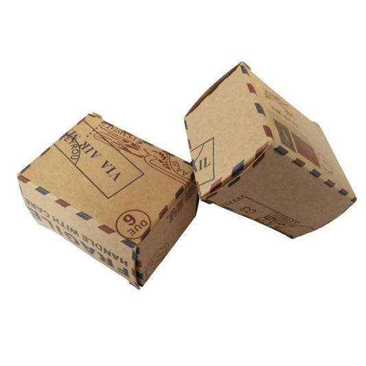 Compass-shaped kraft sugar box set, two lids shown open with retro mail graphics