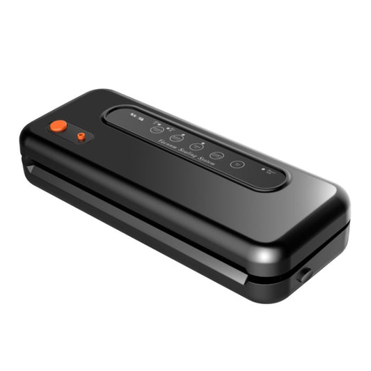 Black countertop vacuum plastic bag sealer machine with control panel and orange buttons.