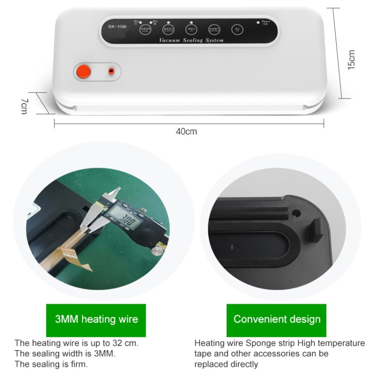 White vacuum food sealer with control panel and front heating strip, size labeled
