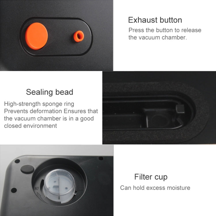 Vacuum sealer base with orange buttons, sealing bead area, and filter cup detail