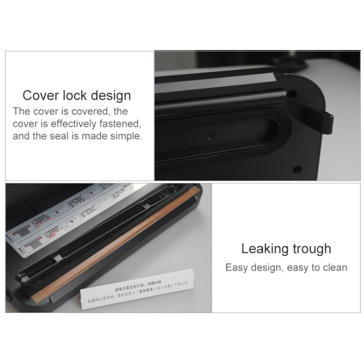 Vacuum sealer lid cover lock design with underside sealing area and leak-through test