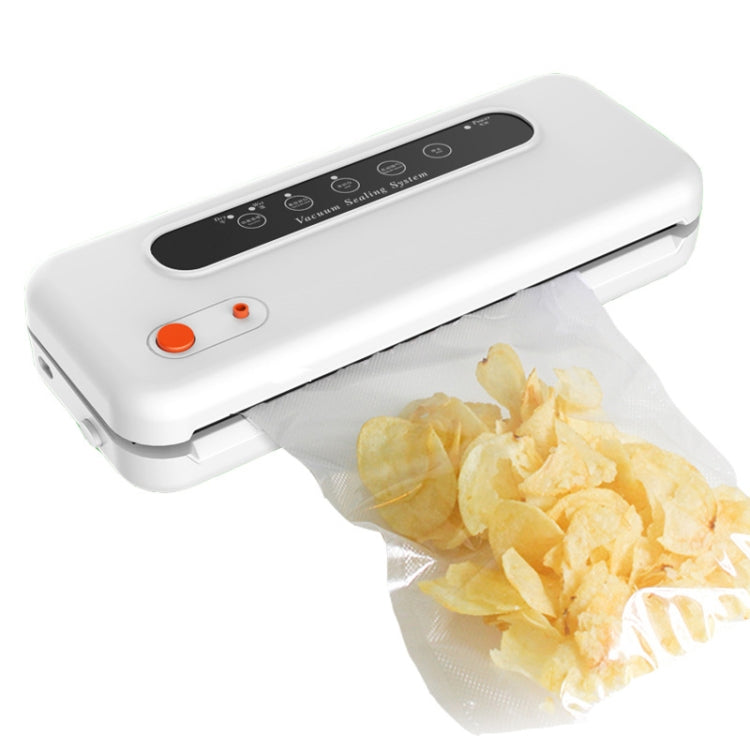 White vacuum food sealer pulling a bag of chips under the lid