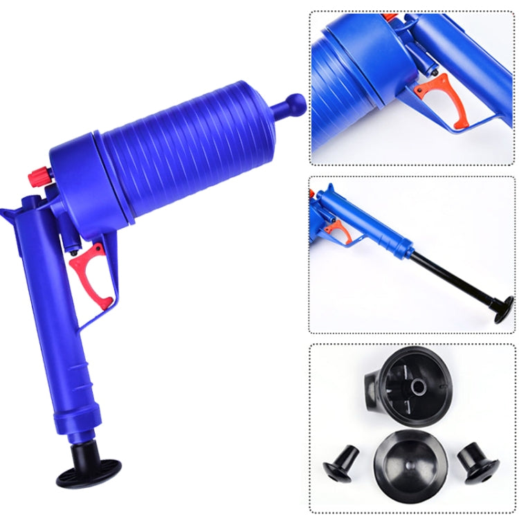 Blue drain blaster with black nozzles and trigger, angled product details