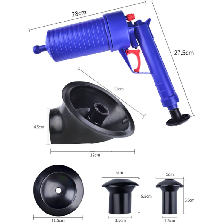 Blue handheld pneumatic drain blaster with push rod and circular suction head
