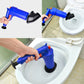 Blue pneumatic drain blaster clearing a toilet drain with black suction cup