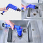 Blue drain blaster used at a sink drain, ribbed cylinder with nozzle