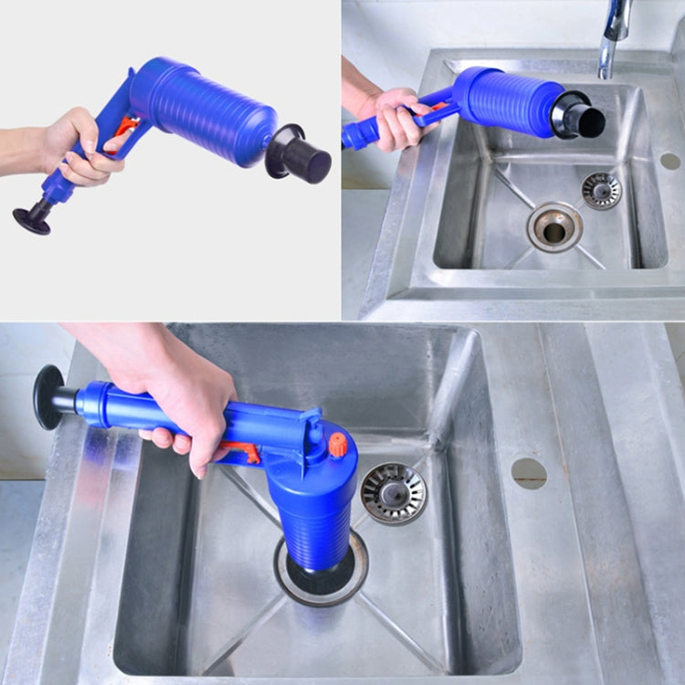 Blue drain blaster used at a sink drain, ribbed cylinder with nozzle