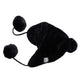 Black plush ear-muff hat with dangling cord, pom-poms, and small button/control panel