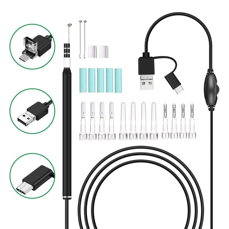 White USB ear scope camera kit with adapters, cables, and ear spoon attachments