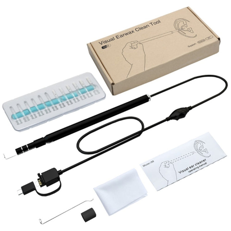 Ear inspection camera set with black probe, ear picks, and cleaning tool tray